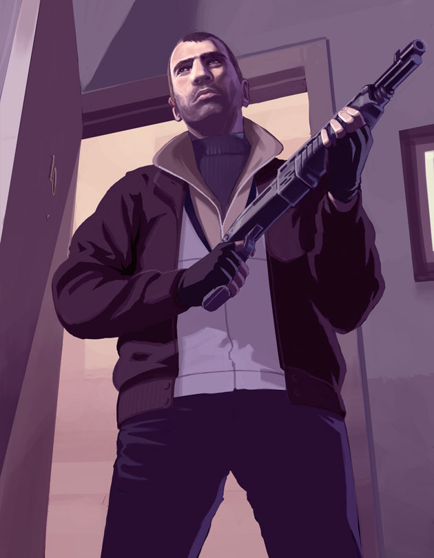 Niko standing with a shotgun.