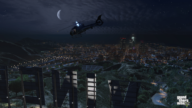 Flying by Vinewood at night