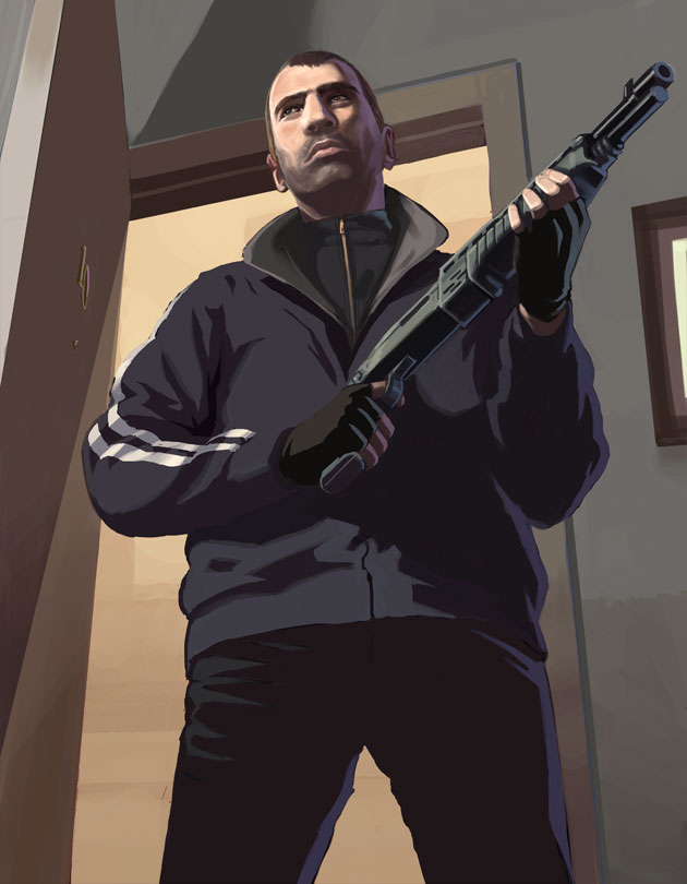 Niko standing with a shotgun.