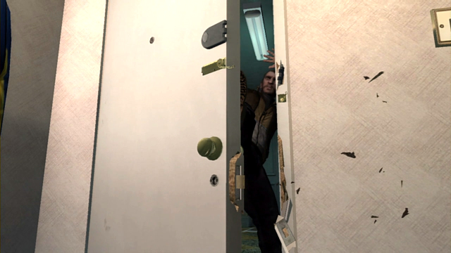 Niko kicks a locked door open.