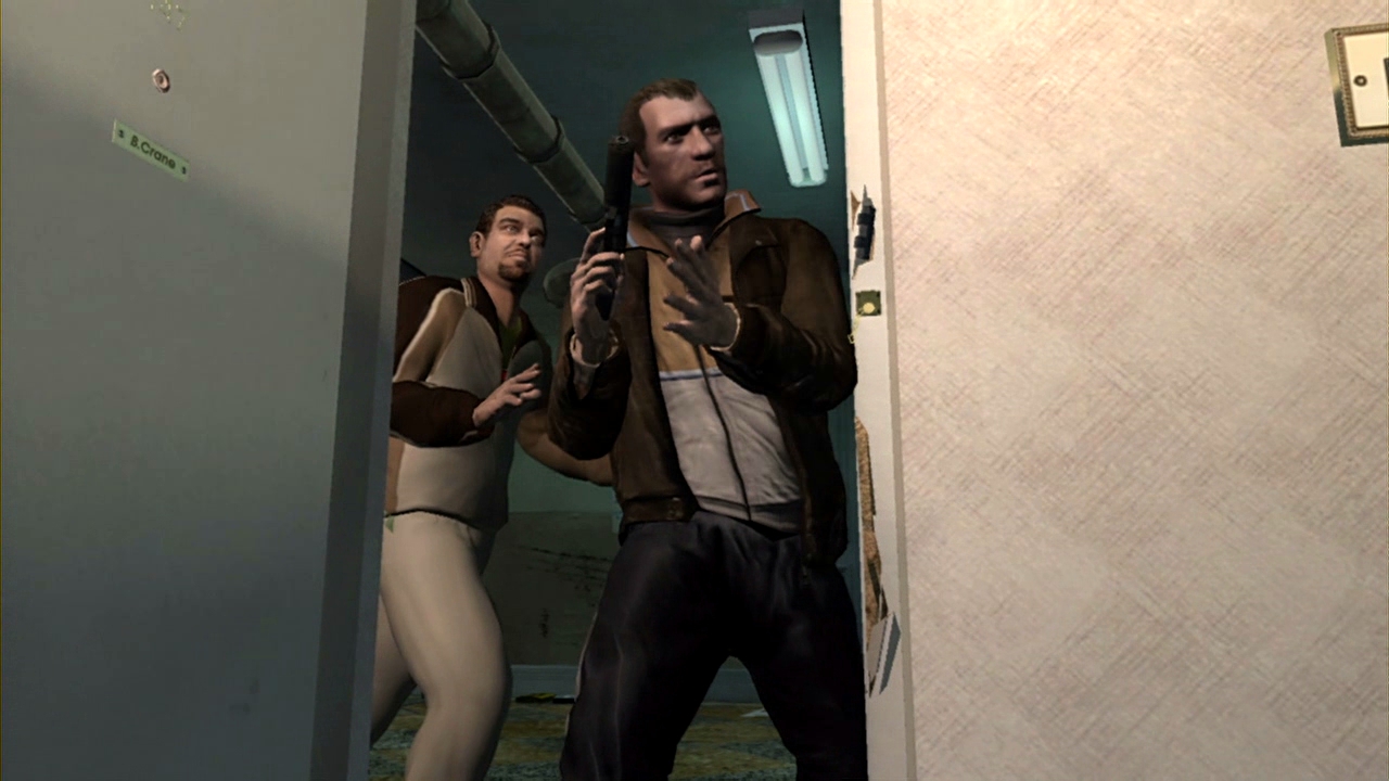 Niko and Roman enter the locked room. The door reads 'B. Crane'.